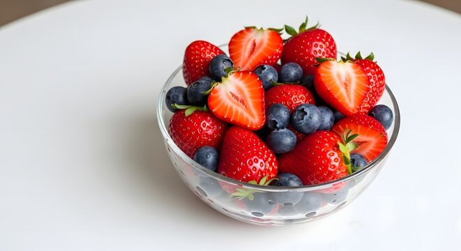 Freshly washed strawberries and blueberries mixed together in a clear glass bowl on white - Powered by Adobe