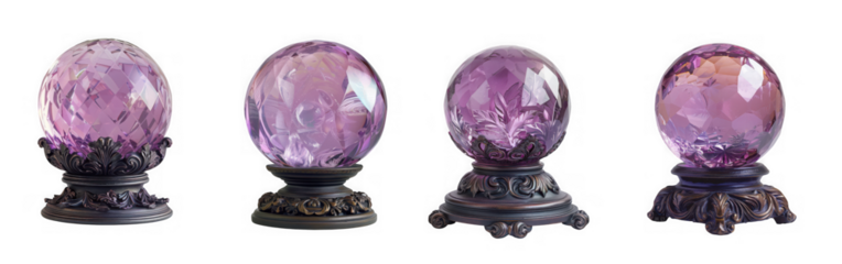 Collection of four purple crystal globes isolated on transparent background