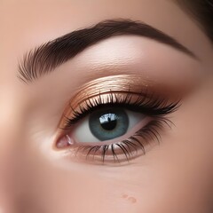 Close-up of a woman's eye with blue iris and long eyelashes