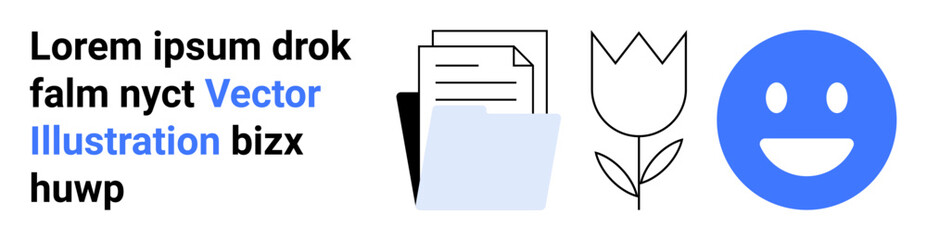 Business workflow, creativity, organization, positivity, teamwork, communication. A tulip, a folder stacked documents and a blue happy face icon. Business workflow and creativity concept © robu_s