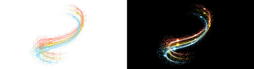 PNG image of Colorful light trails with sparkling particles swirl dynamically against a deep for abstract design on transparent background