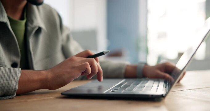 Scroll, journalist or hands in agency with laptop, industry research or edit of news article. Tech, source verification or man in office with pen, proofreading or fact check for digital magazine