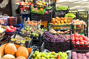 Crates of fruits and vegetables at the entrance to a street vegetable store in Tbilisi.