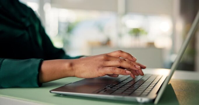 Typing, journalist or hands in office with laptop, industry research or edit of article. Bokeh, source verification or woman in agency with tech, proofreading or fact check for digital publication