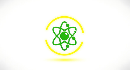Green atom model with orbiting electrons surrounded by a yellow glowing circle on white background ai generated