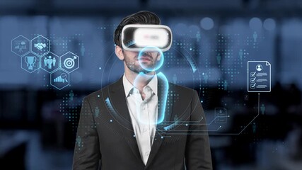 A businessman utilizes a virtual reality headset in a contemporary office, demonstrating innovative technology and immersive experiences in a digital landscape. Raster - Powered by Adobe