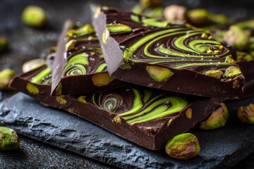 Dark Chocolate Bar Artfully Broken Into Pieces with Pistachios and Green Swirls