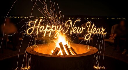 Sparkler writing spells out happy new year message above a glowing fire pit during a dark celebration