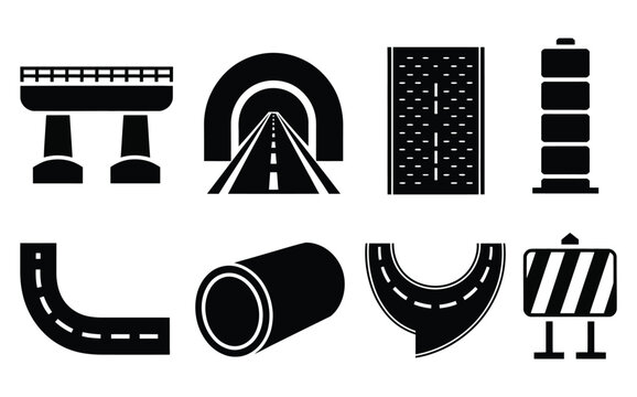 Brutalist Road Icons, a vector silhouette collection featuring bridge spans, tunnel entrances, asphalt textures, divider lines, curbs, culvert pipes, speed bumps, and barrier blocks for infrastructure