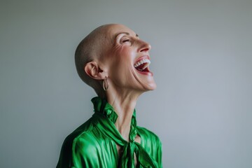 Joyful bald woman with laughter lines in green silk top