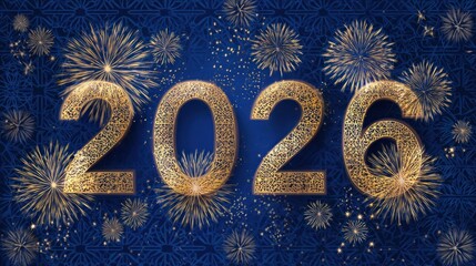 Celebrating 2026 New Year Elegant Card with Abstract Golden Fireworks and Golden Numbers on Blue Background with Geometric Pattern for Poster and Flyer