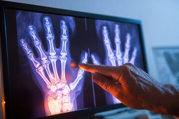 Medical professionals' hands meticulously examining a radiograph of hands and wrists on a screen 