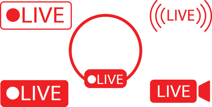 live streaming broadcast icons set with red badges frames and signal wave indicators for social media video content isolated on white background. - Powered by Adobe