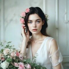 Elegant woman in white dress with flowers in hair and bouquet