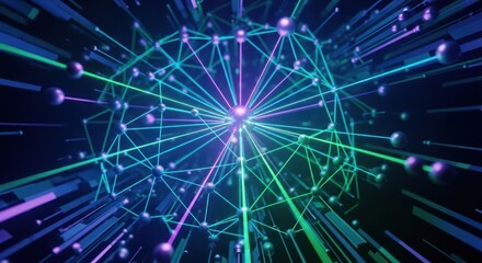 Abstract glowing network structure with connected spheres and light beams.