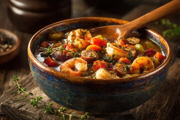 Rich Dark Louisiana Gumbo Overflowing in Rustic Bowl