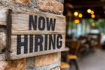 Rustic Wooden Plank Sign Board with Hand-Painted 'Now Hiring' Text for Recruitment Opportunities