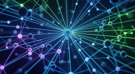 Abstract glowing network of interconnected nodes and lines in dark space.