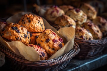 Assortment of fruit-filled scones including cranberry and chocolate chip baked 