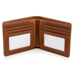 Open brown leather bifold wallet with id windows and card slots
