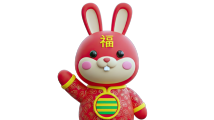3D Red Rabbit Waving for Chinese New Year Celebration