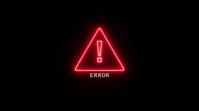 Abstract red neon looped Error attention icon signal on black background. Animated of data security, design, error, exclamation, exclamation mark. Glowing neon triangle alert message, alert flashes.