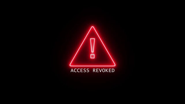 Abstract red neon looped Access Revoked attention icon signal on black background. Animated of data security, design, error, exclamation mark. Glowing neon triangle alert message, alert flashes.
