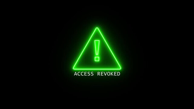 Abstract green neon looped Access Revoked attention icon signal on black background. Animated of data security, design, error, exclamation mark. Glowing neon triangle alert message, alert flashes.