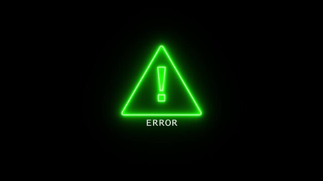 Abstract green neon looped Error attention icon signal on black background. Animated of data security, design, error, exclamation, exclamation mark. Glowing neon triangle alert message, alert flashes.
