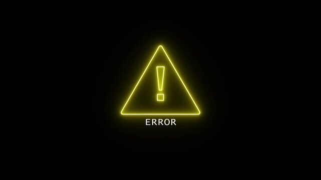 Abstract yellow neon looped Error attention icon signal on black background. Animated of data security, design, error, exclamation mark. Glowing neon triangle alert message, alert flashes.