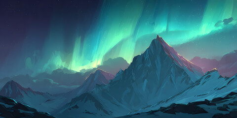 Majestic mountain peaks are seen under an ethereal display of vibrant green and blue aurora borealis lights filling the night sky with enchanting colors, creating a stunning and serene landscape.