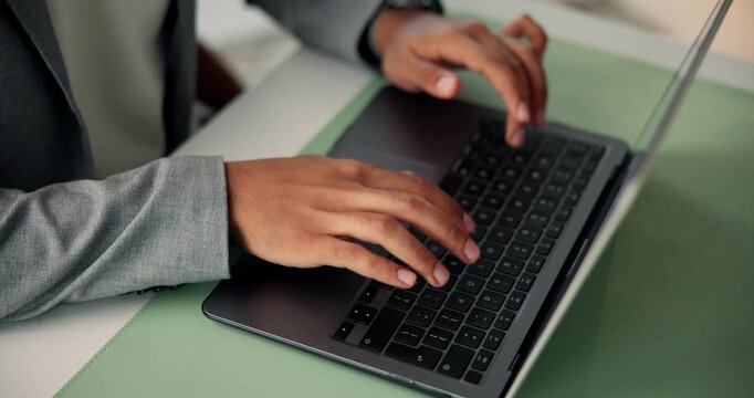 Above, journalist or hands in office with laptop, industry research or edit of news article. Typing, source verification or man in agency with tech, proofreading or fact check for digital publication