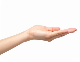 A woman's open palm held out flat against a white background. The gesture suggests offering, giving, or receiving.