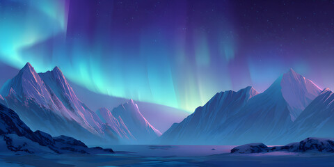 Majestic illustration depicts a stunning display of ethereal aurora borealis illuminating the night sky above a snow-covered mountain range.