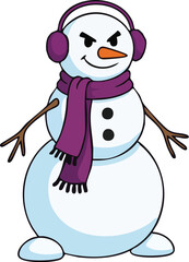 Cute white snowman with purple earmuffs and scarf for a festive seamless pattern