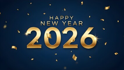 Happy new year 2026 with golden numbers and falling confetti against a deep blue background