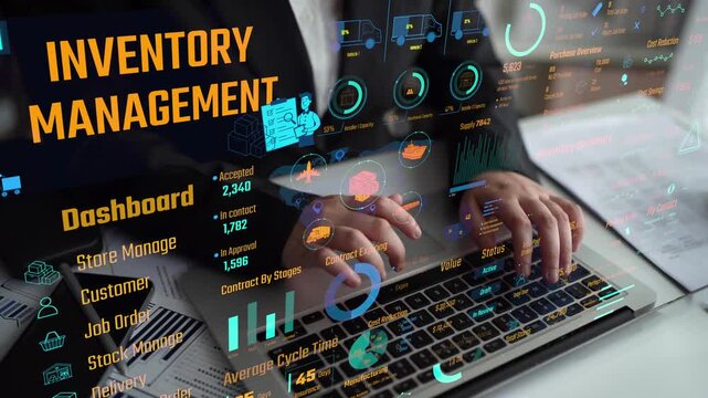 Inventory management dashboard showing supply chain performance, stock levels, order cycle times, cost reduction, and procurement ROI. Inventory tracking, and streamline warehouse efficiency. Thunk
