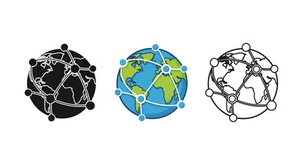 Fototapeta premium Set of three globe network icons showing global connectivity in solid, color, and outline styles