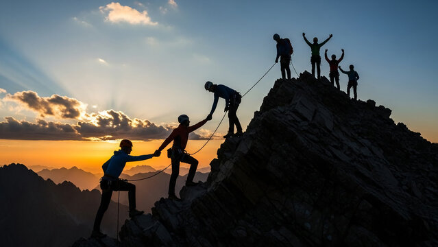 Teamwork and success climbers helping each other reach mountain summit at sunset symbolizing achievement and collaboration