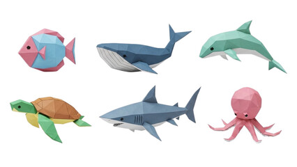Obraz premium Colorful Marine Animals Illustration Featuring Fish, Whale, Shark, Turtle, and Octopus in Digital Art