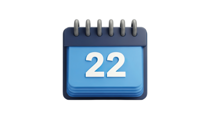 Calendar with the number 22 on a blue page, isolated on white background