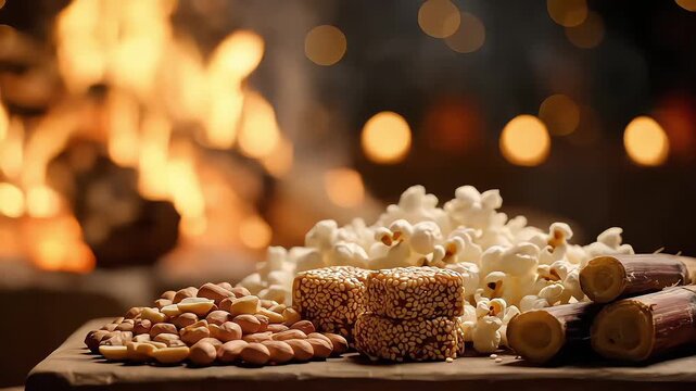 A rustic spread of popcorn, peanuts, and sweets by a warm fire, evoking a lohri gathering atmosphere.