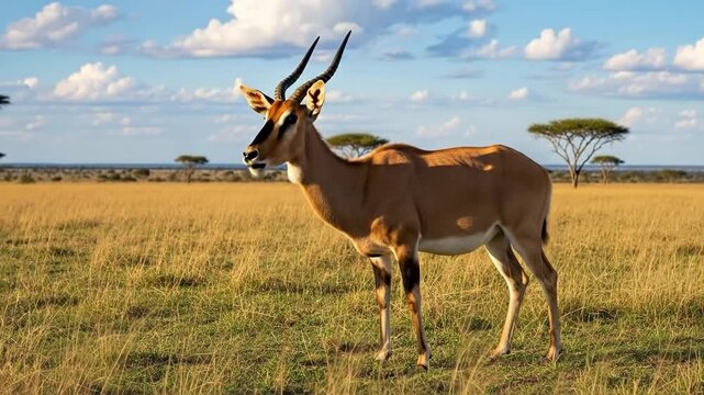 A beautiful impala grazing peacefully in the vast savanna of Africa during a sunny day.