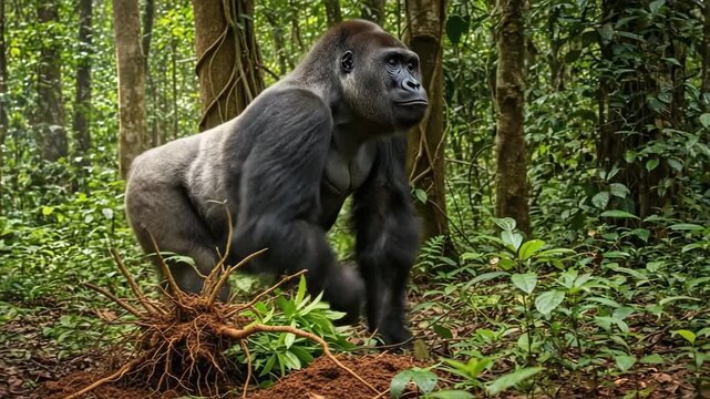 A majestic silverback gorilla forages for food in the dense, lush jungle, showcasing its powerful presence in its natural habitat.