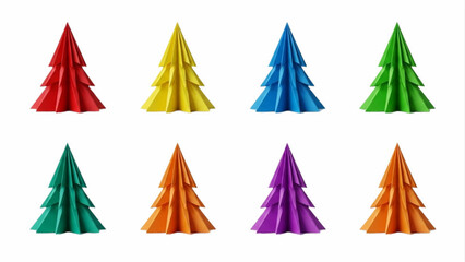 Obraz premium Origami Christmas Trees in Various Colors Arranged in Two Rows on White Background, Graphic Art