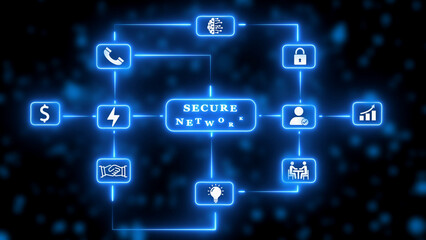 Secure Network Business Technology Diagram with Icons and Blue Neon Lights graphic design