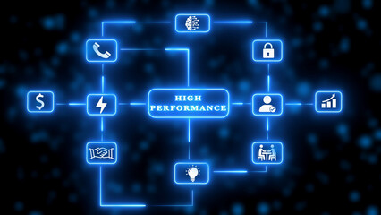 High Performance Business Technology Network Diagram with Icons and Blue Neon Lights graphic design