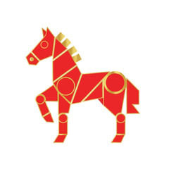 Obraz premium A stylized red horse with golden geometric patterns standing on a white background.