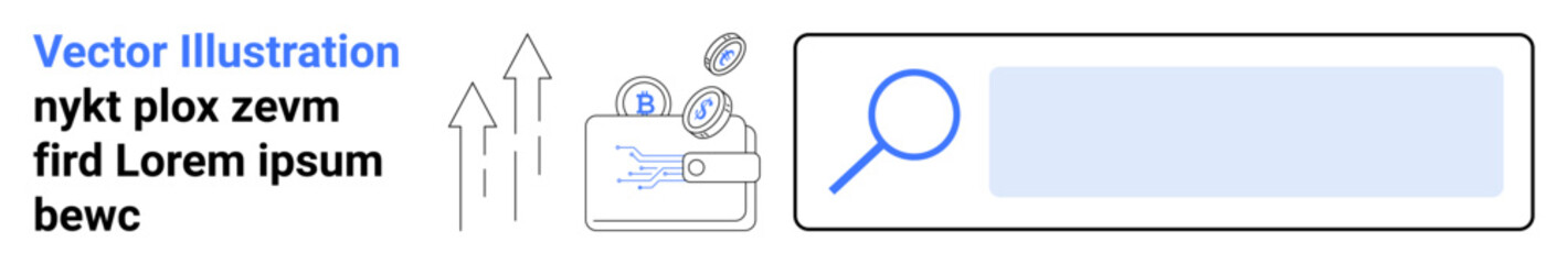 Financial growth, online search, investment tracking, digital wallets, savings management, ecommerce tools. Wallet with coins, search bar and upward arrows. Financial growth and online search