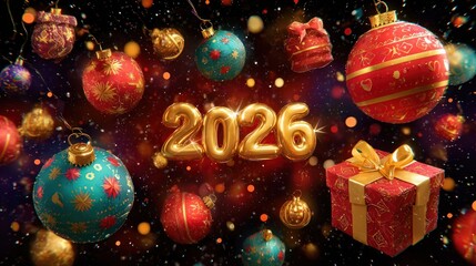 Christmas Background with New Year 2026 Festive Elements Colorful Balls Gifts and Golden Stars Falling in Space Looped Animation